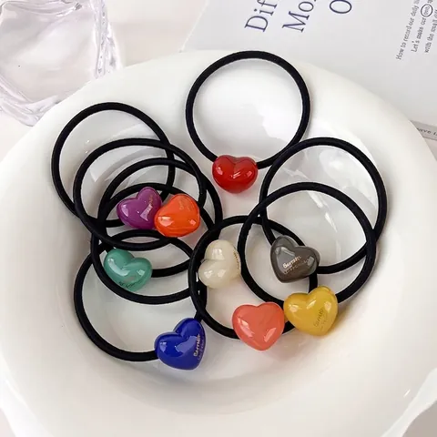 Korean Candy Color Heart Resin Hair Ties For Women Girls Minimalist Elastic Hair Bands Heart Ornament Hair Accessories