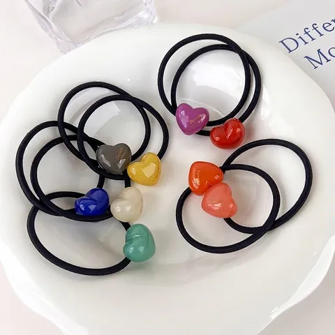 Korean Candy Color Heart Resin Hair Ties For Women Girls Minimalist Elastic Hair Bands Heart Ornament Hair Accessories