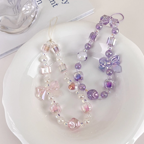 Sweet Candy Color Beaded Phone Charm Kawaii Iridescent Bowknot Resin Beads Phone Chain Bag Pendant For Women Girls Accessory