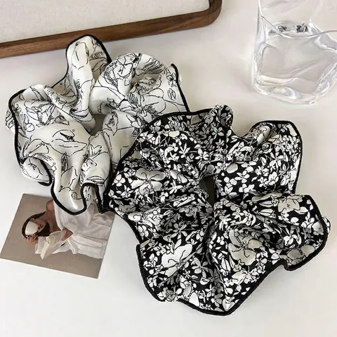 Coleteros de Tela Floral Vintage Francés Grandes Gomas de Pelo de Punto Diadema Elástica Ribete en Contraste Accesorio Pelo Mujer