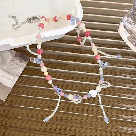 Collana di Perline a Cuore in Colore Caramella Dolce Cristallo Vetro Fatto a Mano Choker con Nappine per Donna Gioielli Stile Y2K