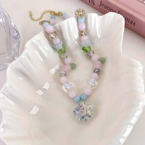 Collier Perlé Macaron Doux Pour Femmes Pendentif Fleur Étoile Bijoux En Verre Soufflé Style Coréen Ras Du Cou Ajustable Cadeau