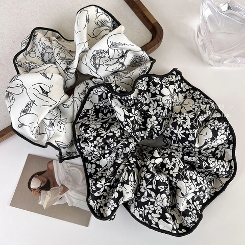 Coleteros de Tela Floral Vintage Francés Grandes Gomas de Pelo de Punto Diadema Elástica Ribete en Contraste Accesorio Pelo Mujer