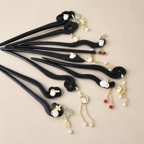 Vintage Wood Hair Stick With Rabbit Artificial Pearl Tassel Chinese Ancient Style Handcrafted Black Wooden Hair Fork For Women Hanfu Jewelry