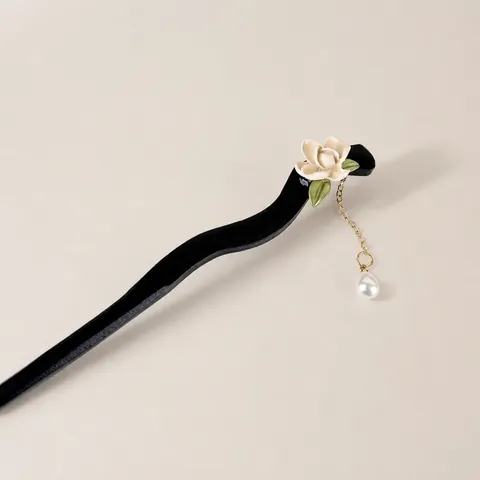 Bastoncino Per Capelli In Legno Vintage Elegante Fiore Di Mughetto Con Nappina Perla Artificiale Gioielli Per Capelli