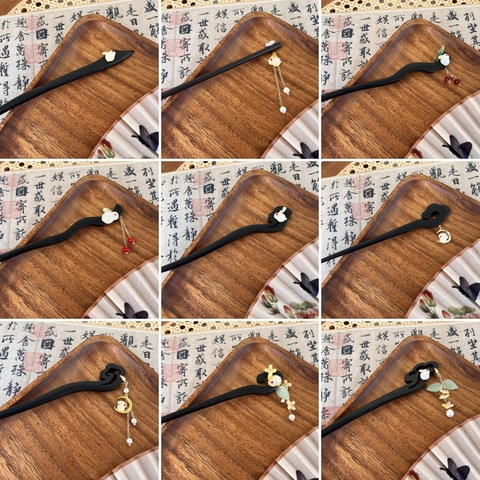 Vintage Wood Hair Stick With Rabbit Artificial Pearl Tassel Chinese Ancient Style Handcrafted Black Wooden Hair Fork For Women Hanfu Jewelry