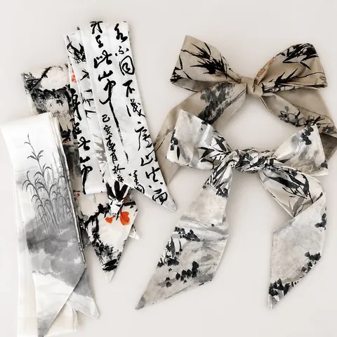 Chinese Style Ink Wash Painting Polyester Scarf Hairband For Women Elegant Bamboo Crane Mountain Print Ribbon Accessory