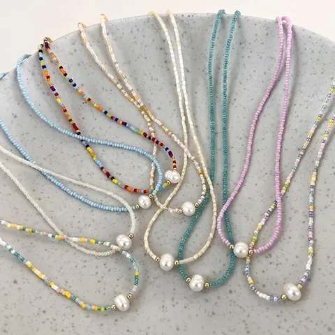 Handmade Seed Bead Necklace With Freshwater Pearl Gold Plated Spacers Bohemian Style Choker Women Daily Jewelry