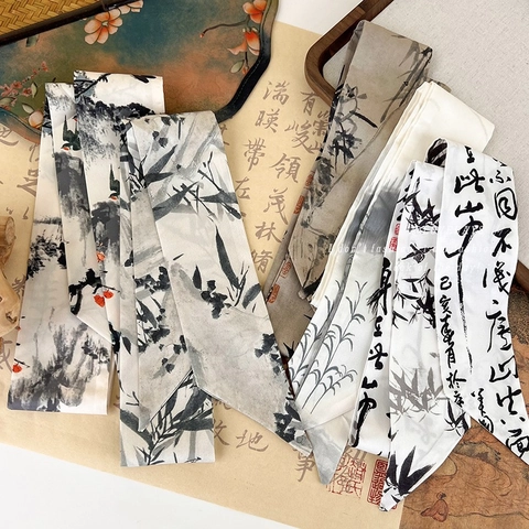 Chinese Style Ink Wash Painting Polyester Scarf Hairband For Women Elegant Bamboo Crane Mountain Print Ribbon Accessory
