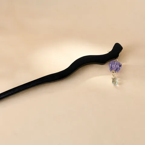 Palillo para el Pelo de Madera Estilo Chino Vintage Con Colgante de Flor de Lirio de los Valles de Vidrio Púrpura Horquilla con Borla Hecha a Mano