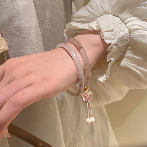 Bracciale Rigido in Vetro Stile Cinese Ciondolo a Farfalla con Perla Artificiale Tradizionale Elegante Gioielli per Donna Accessorio Hanfu