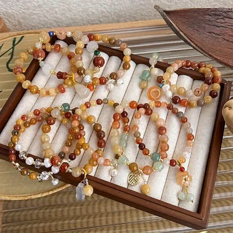 Vintage Chinese Style Beaded Bracelet For Women Freshwater Pearl Stone Alloy Gourd Flower Pendant Retro Jewelry Hand String