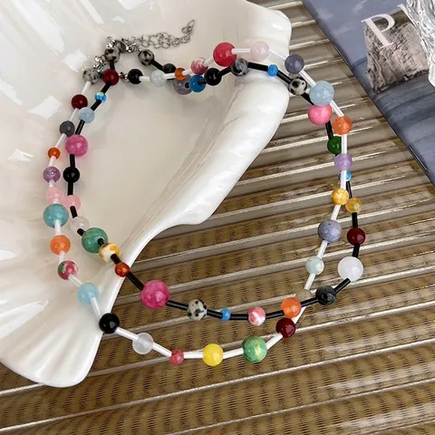 Handmade Colorful Beaded Stone Necklace For Women Korean Dopamine Style Mixed Stone Bead Clavicle Chain Summer Jewelry Gift