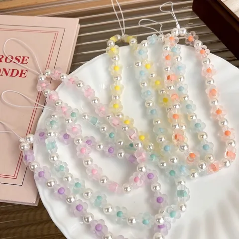 Handgefertigter Bunter Harz Blumen Künstliche Perlen Handy Anhänger Kunstperlen Armband Lanyard Für Damen Handyhülle Dekoration
