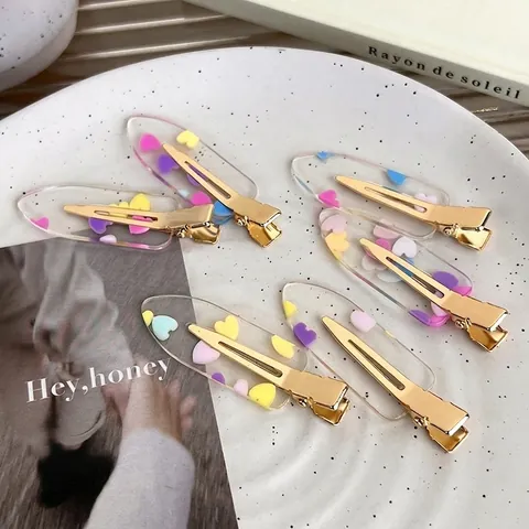 Fermaglio per Capelli Coreano Dolce a Becco d'Anatra in Acrilico con Cuore Trasparente Fermaglio Laterale in Resina Accessorio Donna