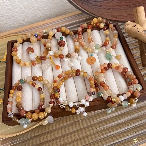 Vintage Chinese Style Beaded Bracelet For Women Freshwater Pearl Stone Alloy Gourd Flower Pendant Retro Jewelry Hand String
