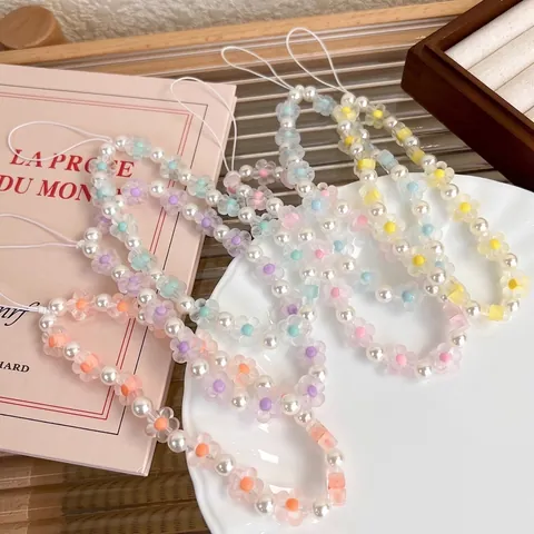 Handgefertigter Bunter Harz Blumen Künstliche Perlen Handy Anhänger Kunstperlen Armband Lanyard Für Damen Handyhülle Dekoration