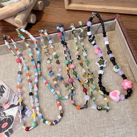 Dopamine Colorful Handmade Beaded Necklace Vintage Glass Lampwork Heart Star Flower Pendant Clavicle Chain For Women Party Daily Jewelry