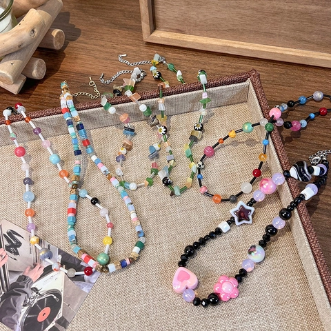 Dopamine Colorful Handmade Beaded Necklace Vintage Glass Lampwork Heart Star Flower Pendant Clavicle Chain For Women Party Daily Jewelry