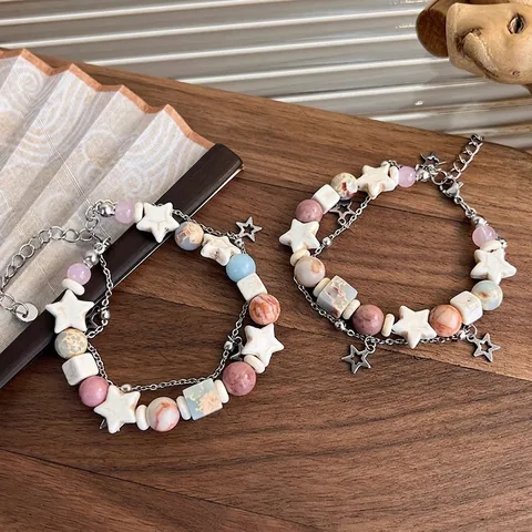 Böhmisches Doppelschichtiges Perlenarmband Für Damen Naturstein Harz Stern Anhänger Mehrfarbige Kette Handschmuck Urlaub