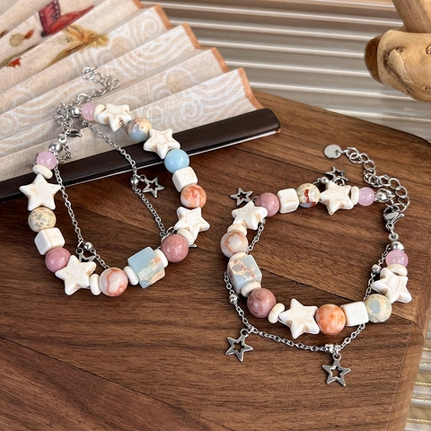 Böhmisches Doppelschichtiges Perlenarmband Für Damen Naturstein Harz Stern Anhänger Mehrfarbige Kette Handschmuck Urlaub