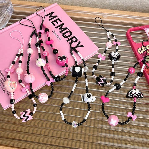 Handmade Resin Beaded Phone Strap Y2K Style Heart Bow Peach Bead Phone Chain For Women Sweet Cool Mobile Accessories