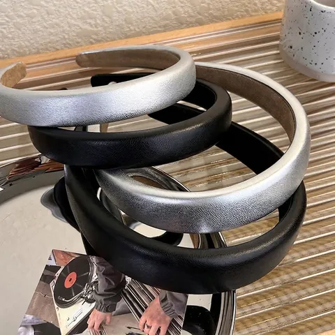Diadema Acolchada de Esponja Vintage Francesa Minimalista Plata Negro Cuero Sintético Banda de Pelo Antideslizante Mujer