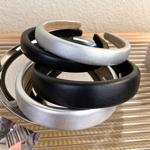 Diadema Acolchada de Esponja Vintage Francesa Minimalista Plata Negro Cuero Sintético Banda de Pelo Antideslizante Mujer