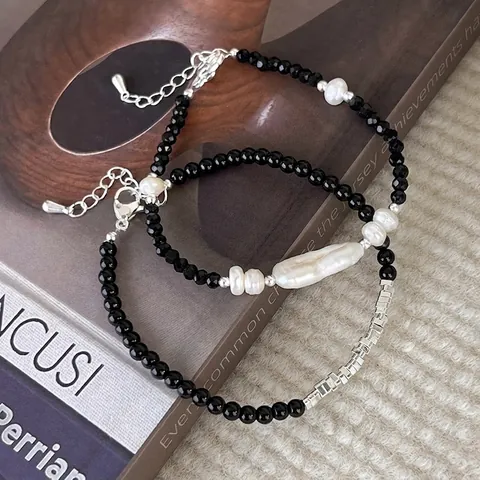 Bracciale di Perline in Spinello Nero e Agata Vintage per Donna Gioielli Minimalisti con Künstliche Perle Barocche e Chiusura in Metallo