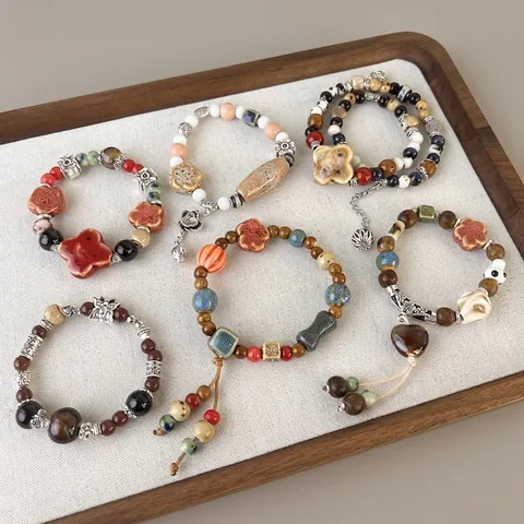 Pulsera de Cuentas de Cerámica Estilo Chino Vintage para Mujer Hecha a Mano Arte Étnico Madera Aleación Zen Pulsera Joyería Accesorios