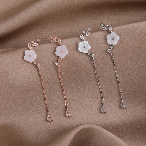 Pendientes Largos de Borla con Flor de Concha Cobre y Zirconia con Poste de Plata de Ley 925 Joyería de Mujer