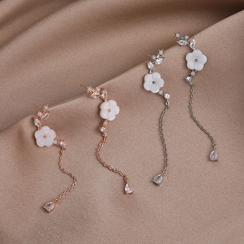 Pendientes Largos de Borla con Flor de Concha Cobre y Zirconia con Poste de Plata de Ley 925 Joyería de Mujer