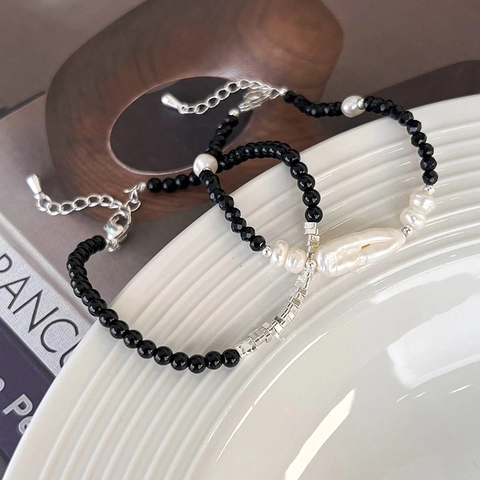 Bracciale di Perline in Spinello Nero e Agata Vintage per Donna Gioielli Minimalisti con Künstliche Perle Barocche e Chiusura in Metallo