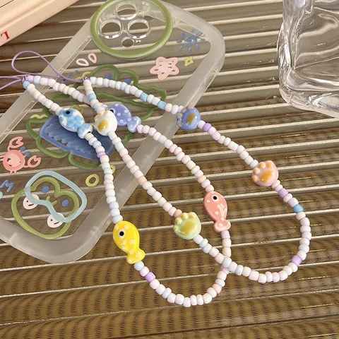 Zoete Frisse Stijl Handgemaakte Telefoonkoord Met Kralen Hars Keramiek Vis Kattenpoot Hanger Leuke Telefoonketting Sieraden Voor Vrouwen Cadeau