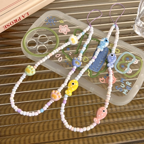 Zoete Frisse Stijl Handgemaakte Telefoonkoord Met Kralen Hars Keramiek Vis Kattenpoot Hanger Leuke Telefoonketting Sieraden Voor Vrouwen Cadeau