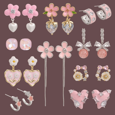 Dolci Orecchini in Rame a Forma di Cuore e Fiore per Donna Smalto Strass Perla Artificiale Orecchini a Bottone Gioielli Romantici