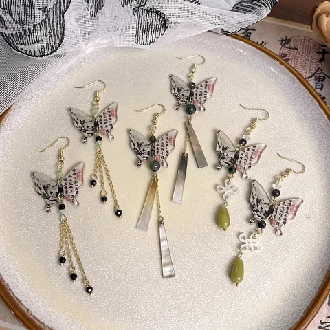 New Chinese Style Schmetterling Ohrhänger Legierung Schale Quaste Landschaftsdruck Vintage Lange Ohrringe Für Damen Schmuck