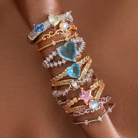 Luxurious Copper Heart Bowknot Adjustable Open Ring For Women Elegant Rhinestone Geometric Crown Star Moon Fashion Jewelry