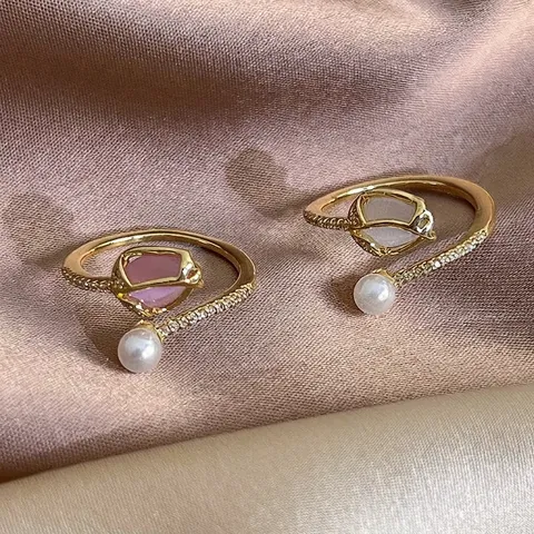 Anello Aperto a Forma di Tulipano con Perla in Stile Vintage Francese per Donna Anello a Fiore Regolabile in Rame e Zirconia Gioielli Eleganti