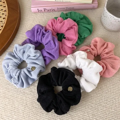 Towel Fabric Large Scrunchie Candy Color Plush Hair Tie For Women Korean Style Soft Elastic Hair Band With Metal Tag Daily Jewelry