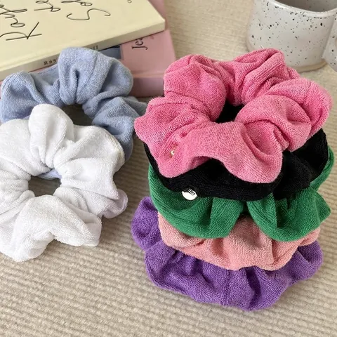 Towel Fabric Large Scrunchie Candy Color Plush Hair Tie For Women Korean Style Soft Elastic Hair Band With Metal Tag Daily Jewelry