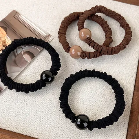 Minimalist Fabric Hair Scrunchies With Round Bead Decoration Solid Color Elastic Hair Ties Retro Korean Style For Women Daily Wear