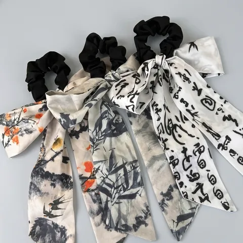 Neuer Chinesischer Stil Tusche Schleife Scrunchie Mit Langen Bändern Vintage Satin Haargummi Für Damen Kalligraphie Bambus Landschaftsmuster