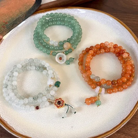 Neo-Chinesisches Vintage Mehrlagiges Perlenarmband Damen Grüner Achat Jade Stein Blume Kalebasse Anhänger Wickelarmband Ethno Schmuck