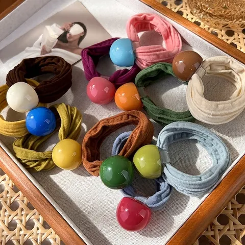 Korean Style Colorful Seamless Hair Ties Large Round Resin Ball Elastic Ribbed Fabric Ponytail Holders For Girls Women Hair