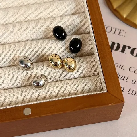 Pendientes de Botón de Frijol Ovalado de Cobre Minimalista Coreano para Mujer Pequeños Geométricos Chapados en Oro Plata Elegantes