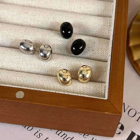 Pendientes de Botón de Frijol Ovalado de Cobre Minimalista Coreano para Mujer Pequeños Geométricos Chapados en Oro Plata Elegantes