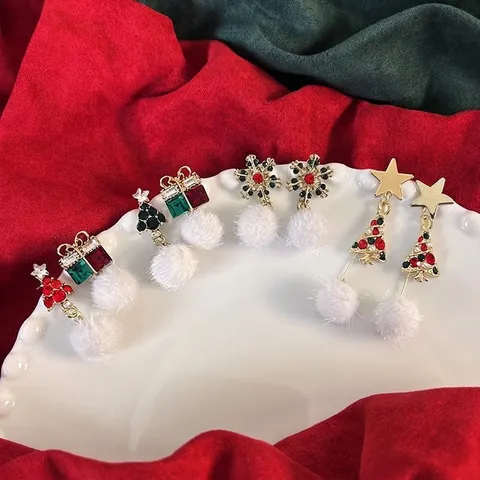 Orecchini a Bottone Natalizi per Donna in Lega con Strass Fiocco di Neve Albero di Natale Renna Pompon Orecchini Gioielli Regalo