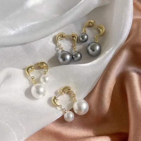 Pendientes de Botón de Cobre Vintage Francés Con Perlas Artificiales Grandes Y Pequeñas Bañado en Oro Joyería Mujer