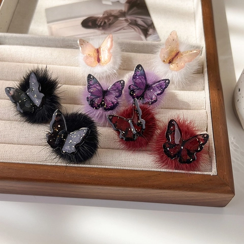 Sweet Cute Resin Butterfly Fur Ball Stud Earrings Handmade Autumn Winter Plush Animal Jewelry For Women Gifts Accessories